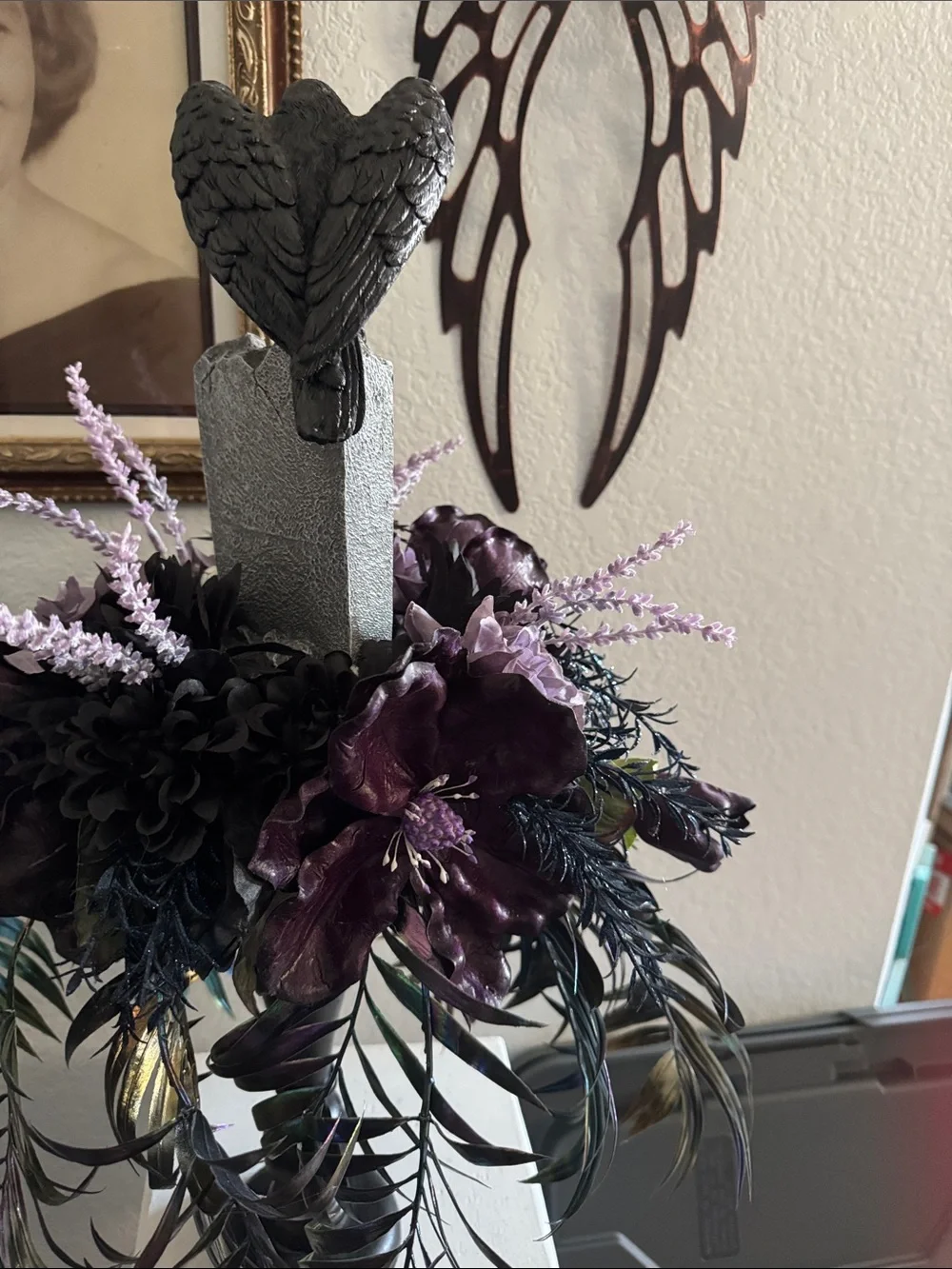 Gothic Raven Tombstone Faux Floral Arrangement - Black & Purple